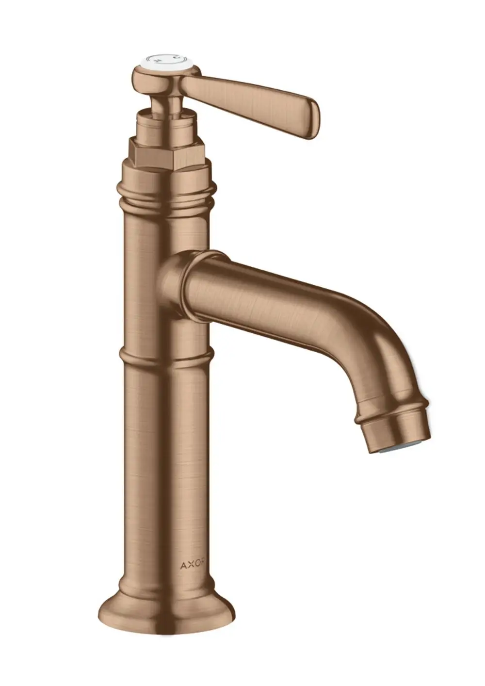Waschtischmischer in gebürstetem Rotgold mit einem Hebelgriff, erzeugt von der Marke AXOR. Relativ schlanke Bauform mit einem gebogenen Auslauf.